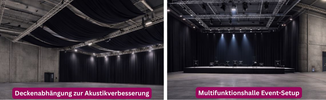 Hallenverkleidung innen Stoff aus Molton B1 in großer Halle mit Wandverkleidung, Bühnenhintergrund und Akustiklösung