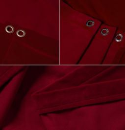 Samtvorhang mieten – Bühnensamt bordeauxrot konfektioniert Detailansichten Ösen rückseitig vorderseitig Saum