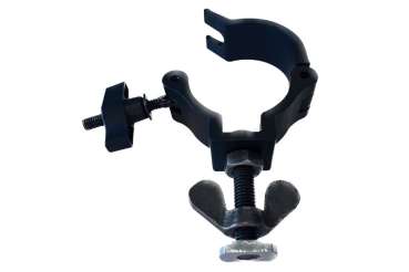 Wentex Eurotrack Halfcoupler mit schwarzer Schraube M10x35 offen und Gleitmutter aus Aluminium zur Befestigung von Eurotrack Schienen an Traversen oder Rohren