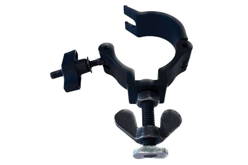 Wentex Eurotrack Halfcoupler mit schwarzer Schraube M10x35 offen und Gleitmutter aus Aluminium zur Befestigung von Eurotrack Schienen an Traversen oder Rohren